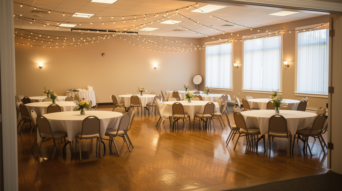 Decorated community hall set up for a senior social event